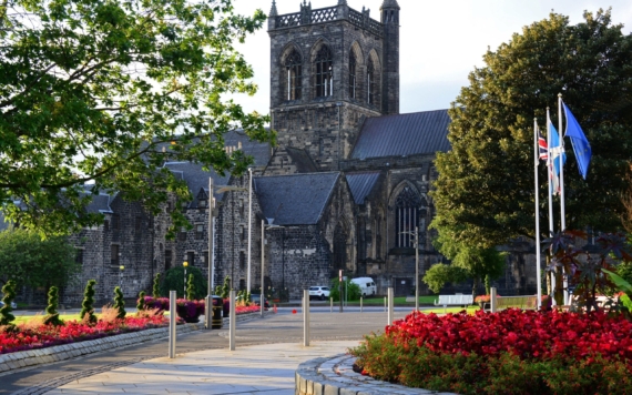 A facade of the Paisley Abbey parish church in Paisley, Scotland