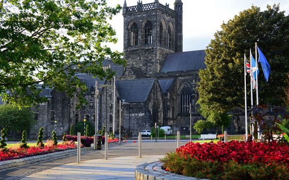 A facade of the Paisley Abbey parish church in Paisley, Scotland